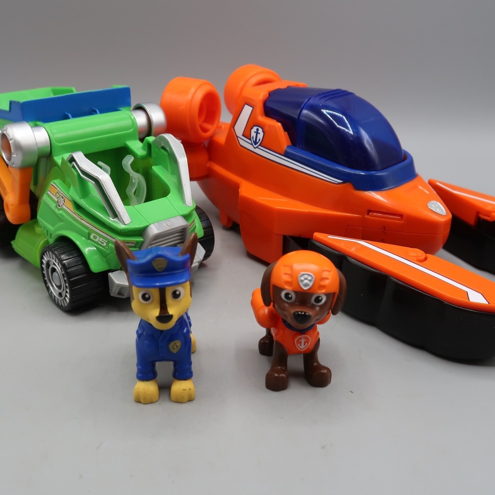 Paw Patrol Rocky's Recycle Truck & Zuma Hovercraft Vehicle & Figures Toy Lot